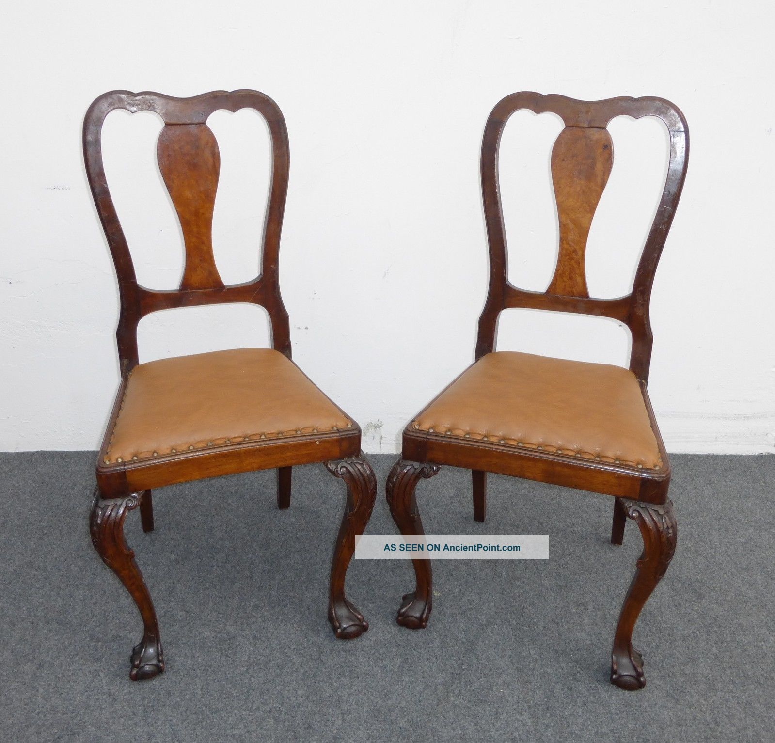Two Brown Leather Chippendale Style Carved Wood Accent Chairs W Ball & Claw Feet Post-1950 photo