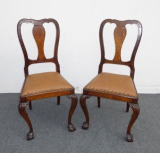 Two Brown Leather Chippendale Style Carved Wood Accent Chairs W Ball & Claw Feet photo