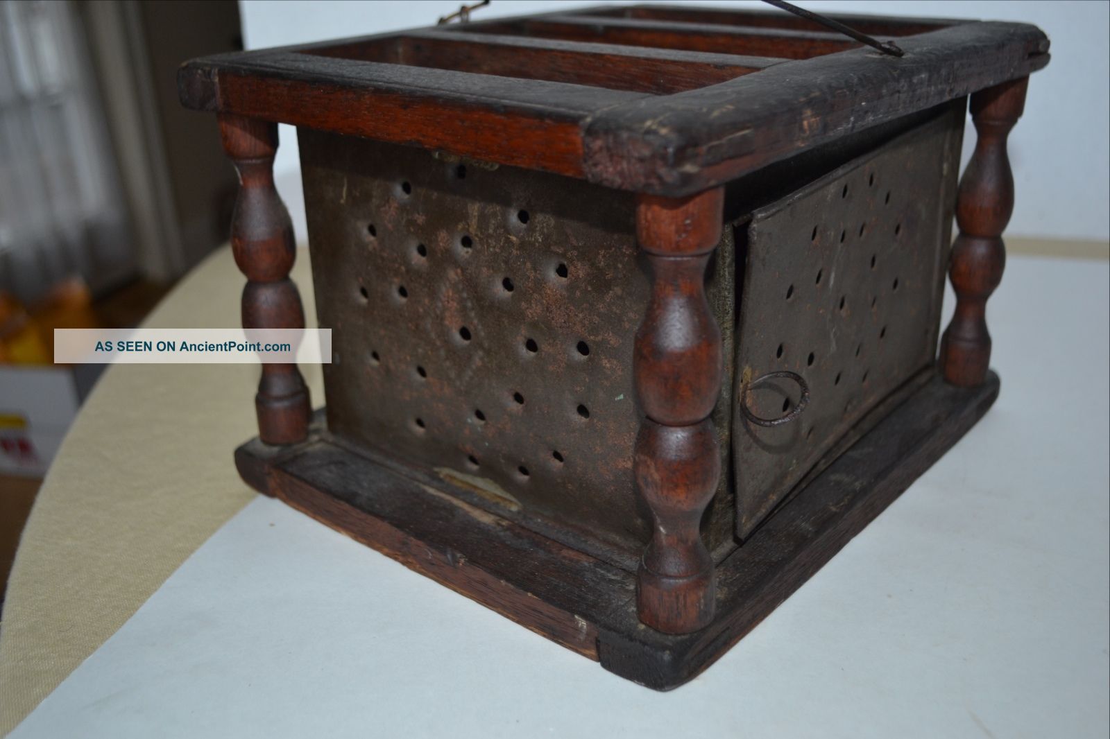 Antique Primitive Foot Warmer Punched/pierced Tin & Wood Metal Handle Early Primitives photo