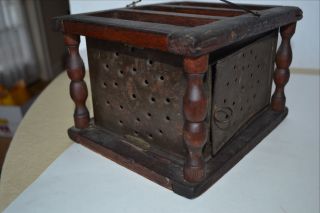 Antique Primitive Foot Warmer Punched/pierced Tin & Wood Metal Handle Early photo