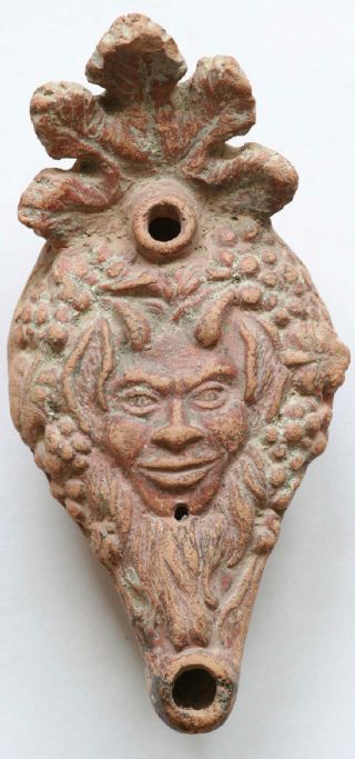 Ancient Roman Terracotta (clay) Large.  Oil Lamp With Satyr Face.  1st Century photo