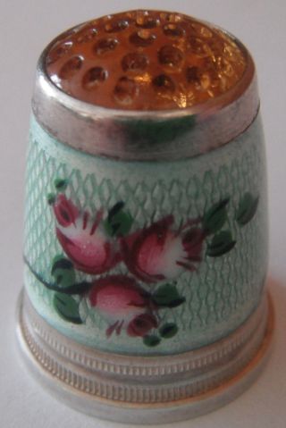 Antique 935 Sterling Silver Thimble Size 6 Enamel With Roses And Amber Top photo
