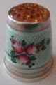 Antique 935 Sterling Silver Thimble Size 6 Enamel With Roses And Amber Top Thimbles photo 2