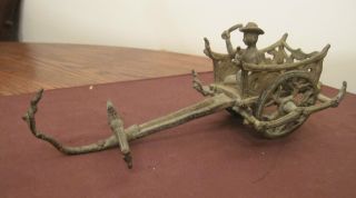 Rare Ancient China Cast Bronze Chariot Rickshaw Horse Carriage Figure Child Toy photo