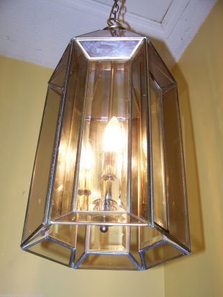 Vtg.  Stunning C.  1960s Retro Solid Brass Lantern Glass Chandelier Light Fixture photo