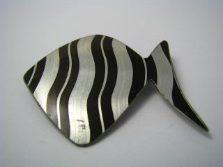 Danish Handmade Modern Pewter Pin Brooch W/enamel Fish Jorgen Jensen Denmark 60s photo