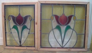 Two Vintage English Estate Tulip Design Textured Stained Glass Windows Fair Cond photo