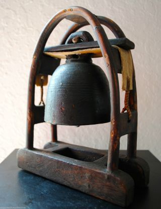 Antique Thai Hill Tribe Elephant Bronze Bell On Bamboo/wood/deerskin Stand–lotb2 photo