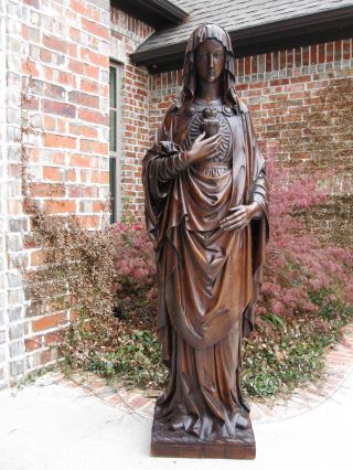 Antique Hand - Carved Oak Virgin Mary Sacred Heart Christianity Cathedral Statue photo