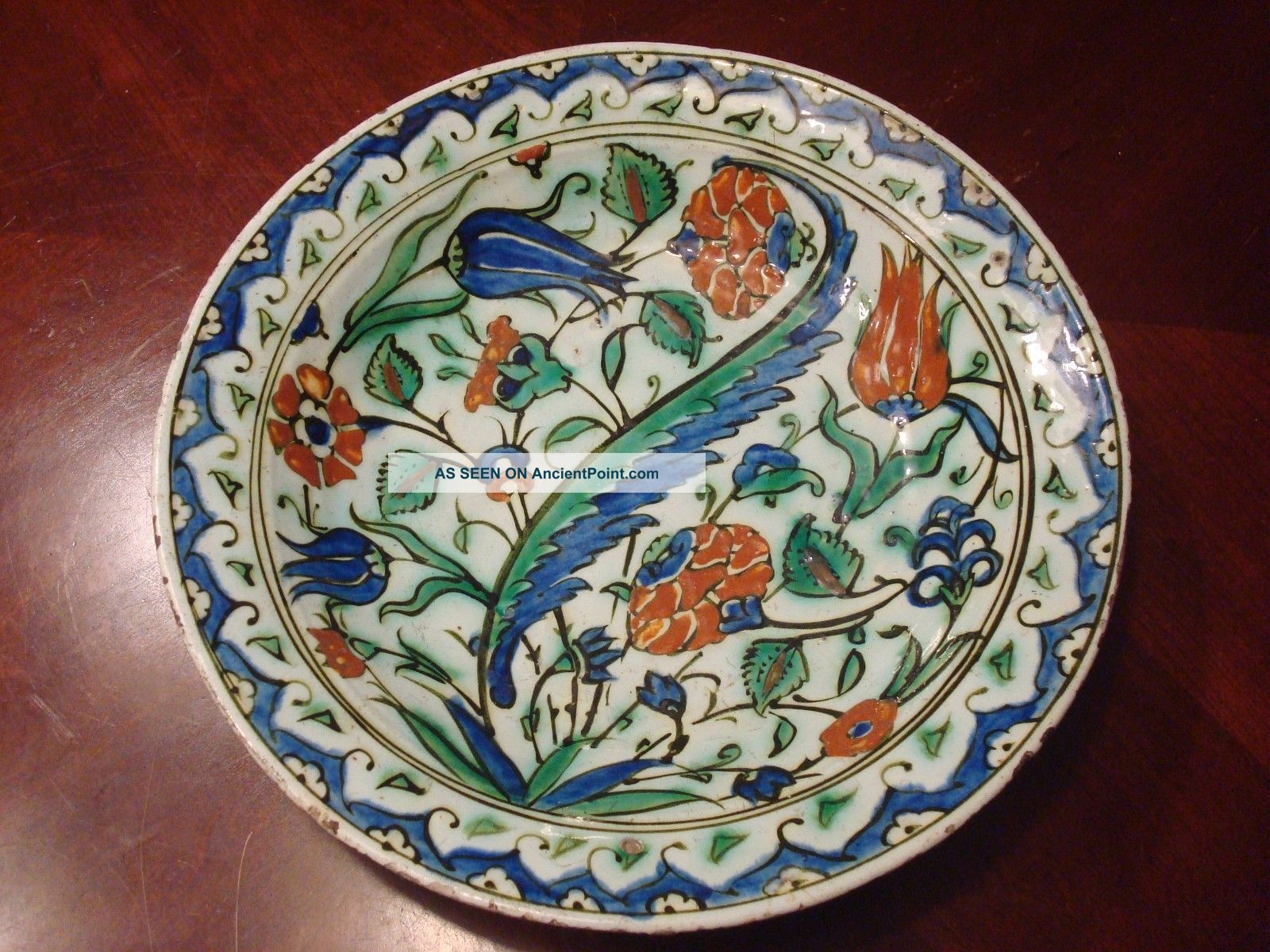 Antique Iznik Pottery Enameled Plate,  12 1/4 