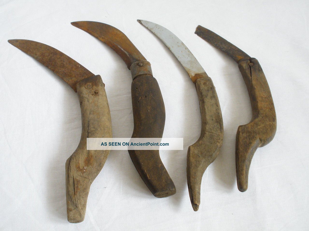 4 Wood Primitive Antique Hand Made Knifes Blade Iron Finding Tool Horticultural Primitives photo