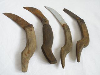 4 Wood Primitive Antique Hand Made Knifes Blade Iron Finding Tool Horticultural photo
