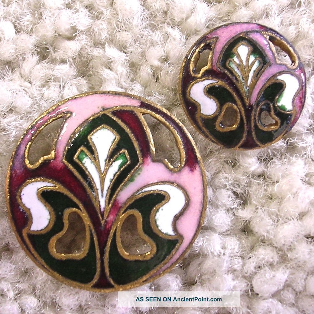 Exquisite Mother - Daughter Pair Antique French Enamels,  Fleur - De - Lys,  Pierced Buttons photo