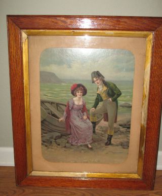 Antique Victorian Print Seaside Courtship Boat Lovers In Old Frame Vintage 1800s photo