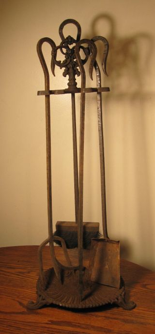 Antique Orante Victorian Cast Iron 5 Piece Fireplace Tool Poker Broom Shovel Set photo