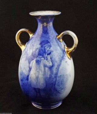 Antique Large English Blue Children Handled Vase Marked Burslem B P Co. photo