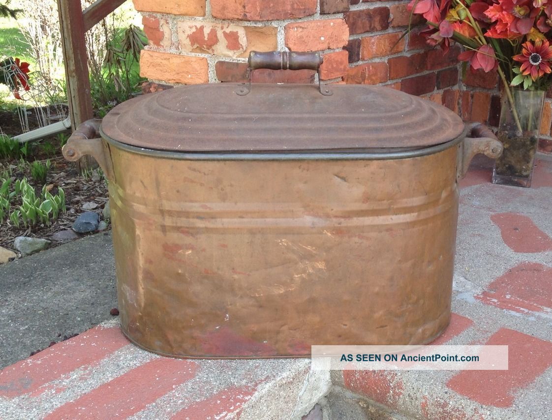 Vtg.  Antique Copper Tub Boiler Wash Kettle Wood Handles Fireplace Storage Large Primitives photo