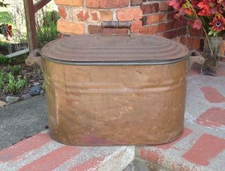 Vtg.  Antique Copper Tub Boiler Wash Kettle Wood Handles Fireplace Storage Large photo