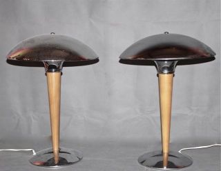 Pair 1970s Stylish Modernist Chrome/wood ' Mushroom ' Table Lamps (4 Available) photo
