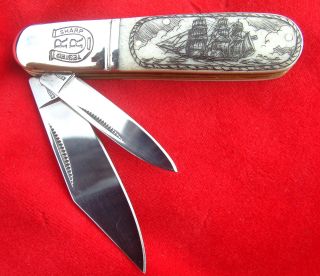 Scrimshaw By Shar,  Ship & Whales,  Barlow,  2 Blade Folding Knife/knives photo