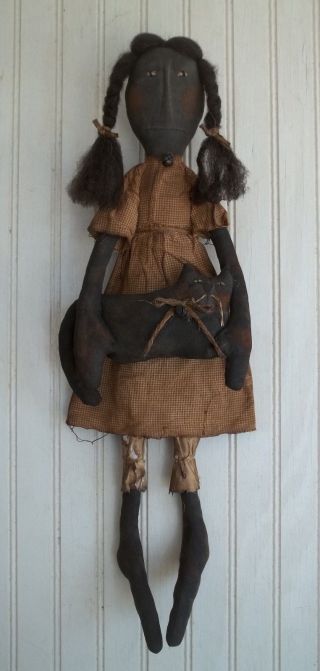 Primitive Grungy Black Girl Doll & Her House Cat photo