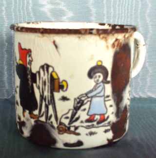 19th C.  Antique Primitive Enamel Tin Cup,  Elf And Girl In Garden,  Vintage photo