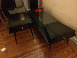 Pair Mid Century Modern Coffee End Table Glass Wood Angular James Philip Co.  Nj photo