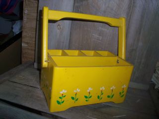Vintage Wood Utensil Or Art Box - - Handled Tote - Wooden Handled Box W/ Cubbies photo