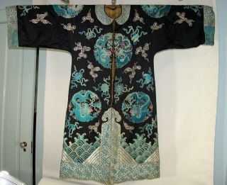 Antique 19th Cent.  Chinese Embroidered Silk Robe,  Dragons,  Clouds, photo
