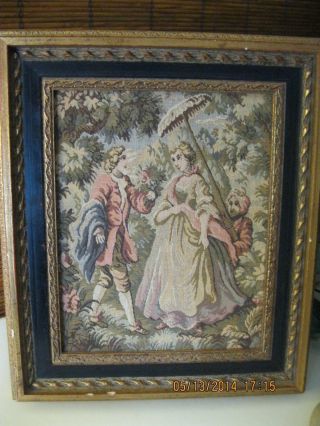 Antique French Framed Victorian Tapestry Romantic Couple Lovers And Servant photo