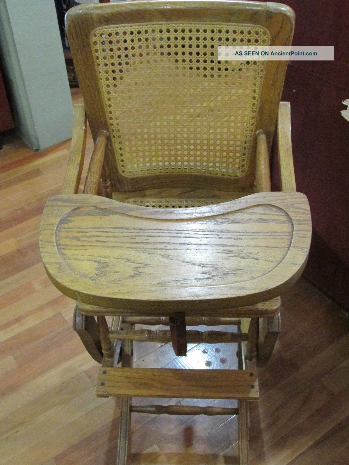 Antique Oak Wood And Wicker Baby High Chair Folds Down To Childs Rocker Baby Carriages & Buggies photo