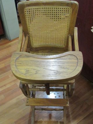 Antique Oak Wood And Wicker Baby High Chair Folds Down To Childs Rocker photo