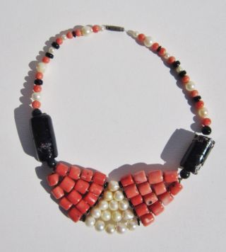 Antique 1920s Hand Crafted African Coral Pearl Black Glass Bead Necklace photo