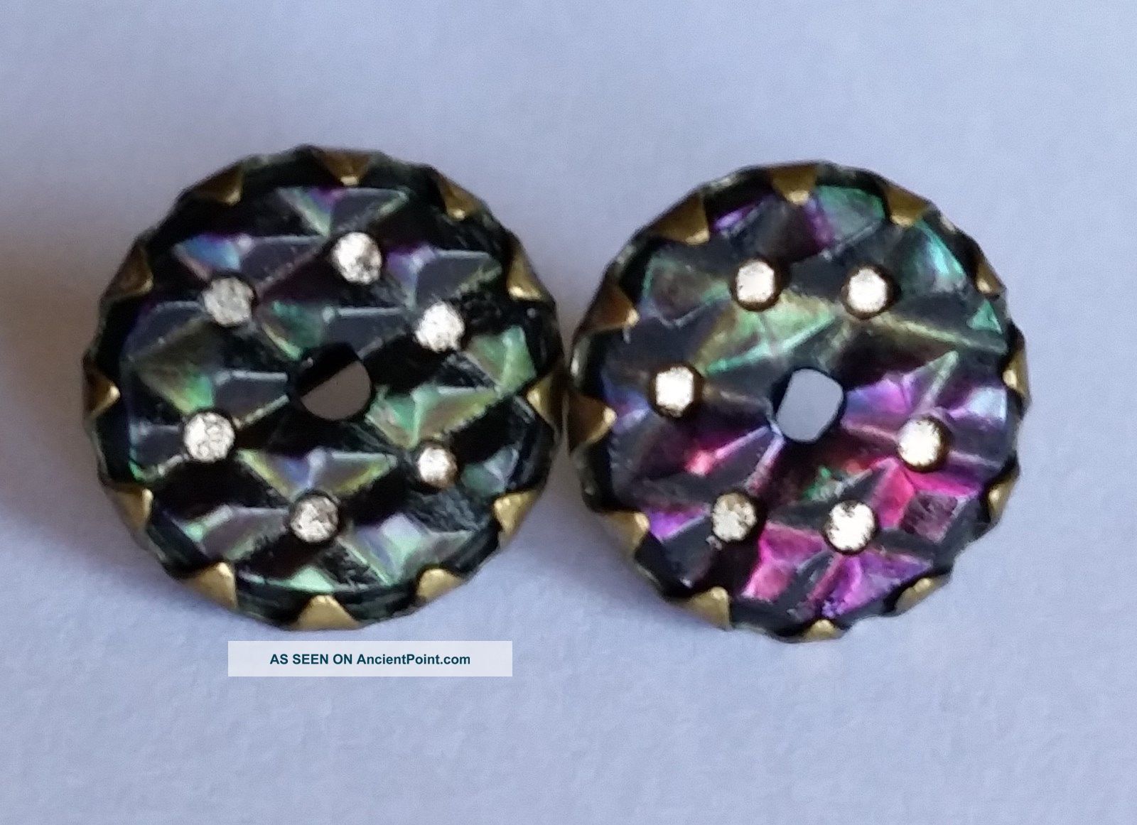 2 Bell Shape Steel Whistle Button W/iridescent Facet Carved Pearl Inlaid Disc Buttons photo
