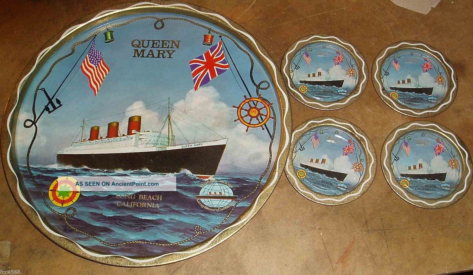 C1970 Rms Queen Mary Ocean Liner Nautical Transport Souvenir Tin Tray & Coasters Other photo