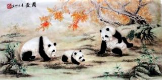 Stunning Oriental Asian Art Chinese Watercolor Painting - Lovely Pandas Family photo