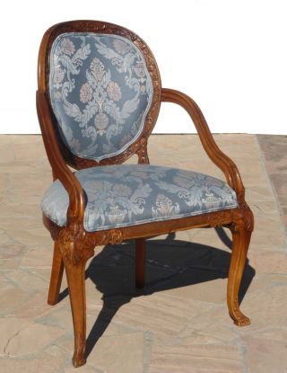 Vintage Exquisitely Carved Arm Chair French Provincial Blue Designer Fabric photo
