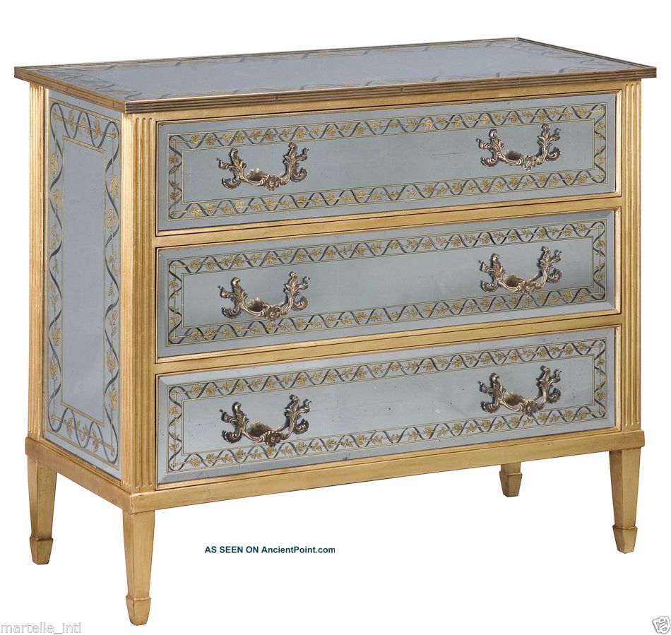 Chest Of Drawers Table French Hand Eglomise Silverleaf On Glass Solid Walnut New 1800-1899 photo