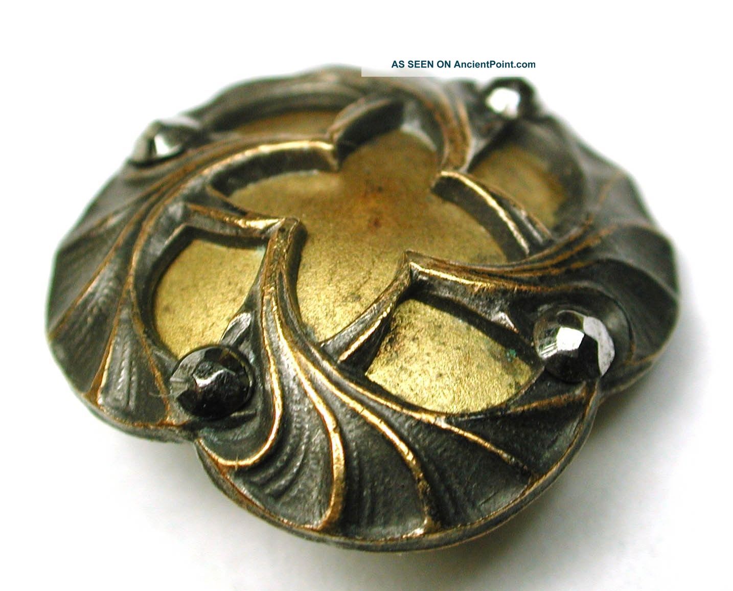 Antique Brass Button Quad Ginkgo Leaf Design W/ Cut Steel Accents Buttons photo
