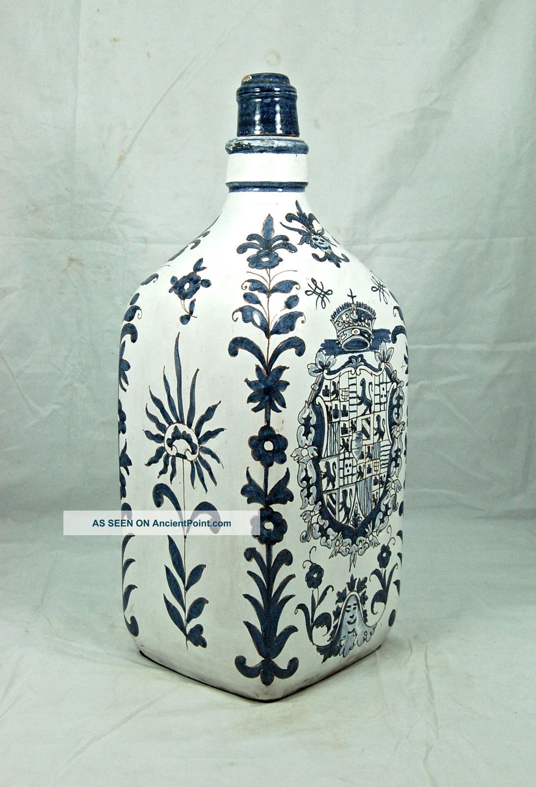 Antique Faience Majolica Apothecary Wine Bottle Jug Coat Of Arms Rama Italy 20 
