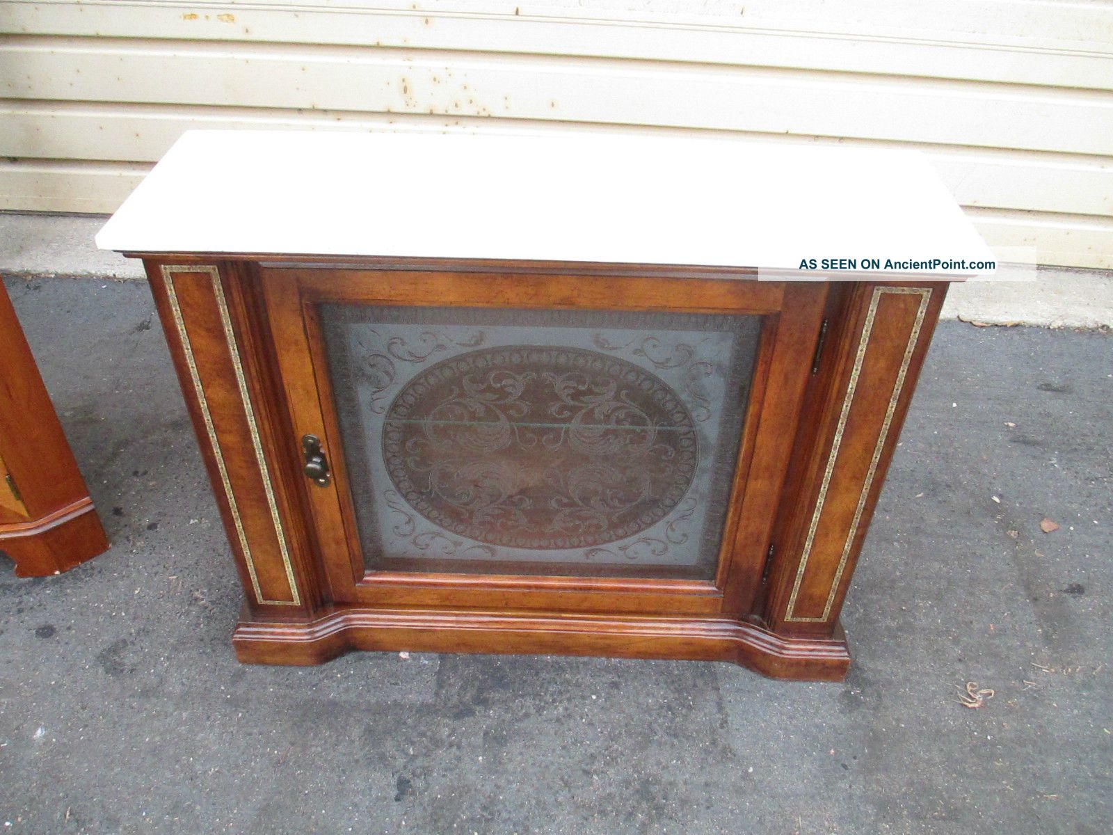 53067 Marble Top Credenza Curio W/ Etched Glass Door Post-1950 photo