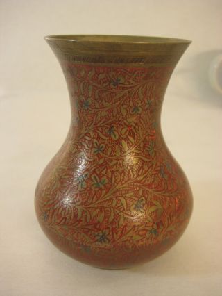 Old Vintage India Brass Detail Hand Chased & Wrought Small Vase,  4 