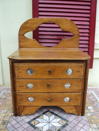 Antique Vintage Spool Thread Sewing Box Chest Cabinet Mirrored 3 Drawer Wood photo