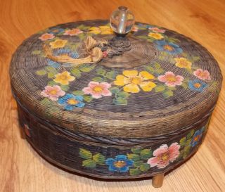 Antique Chinese Hand Painted Wicker Sewing Baskets With Knob & Feet Must See photo