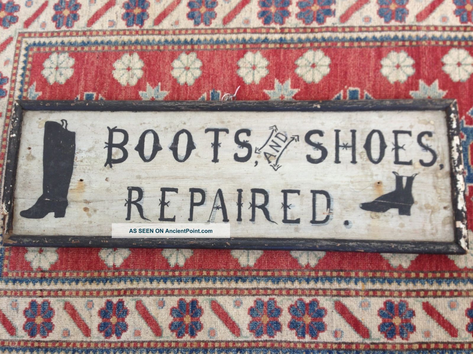 Antique Wooden Hand Painted Cobbler Sign Boots And Shoes Repaired Primitives photo