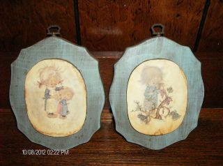 Vintage Primitive Betsey Clark Blue Age Distressed Wood Picture Plaques Of 2 photo
