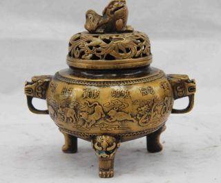 9 Chinese Royal Copper Bronze Twelve Zodiac Foo Dog Lion Incense Burner Censer photo