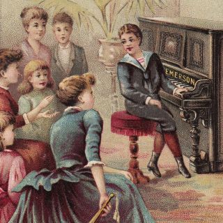 Emerson Piano Recital Upright Parlor Fan 1891 Antique Victorian Advertising Card photo