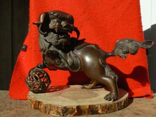 B2482 Exquisite Antique Japanese Bronze Foo Dog Guardian Lion Incense Burner photo