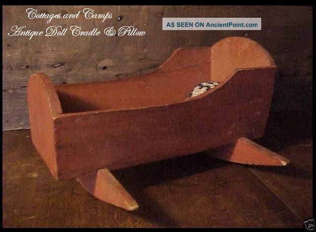 Antique Primitive Wood Doll Bed Cradle Old Red Paint Wash & Homespun Pillow Aafa Primitives photo